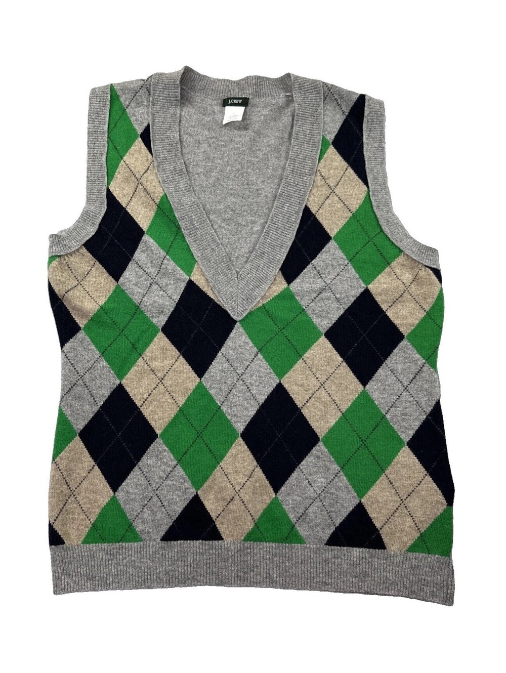 J Crew Large Argyle Sweater Vest Green Blue Cotton V Neck Knit Preppy Grandpa